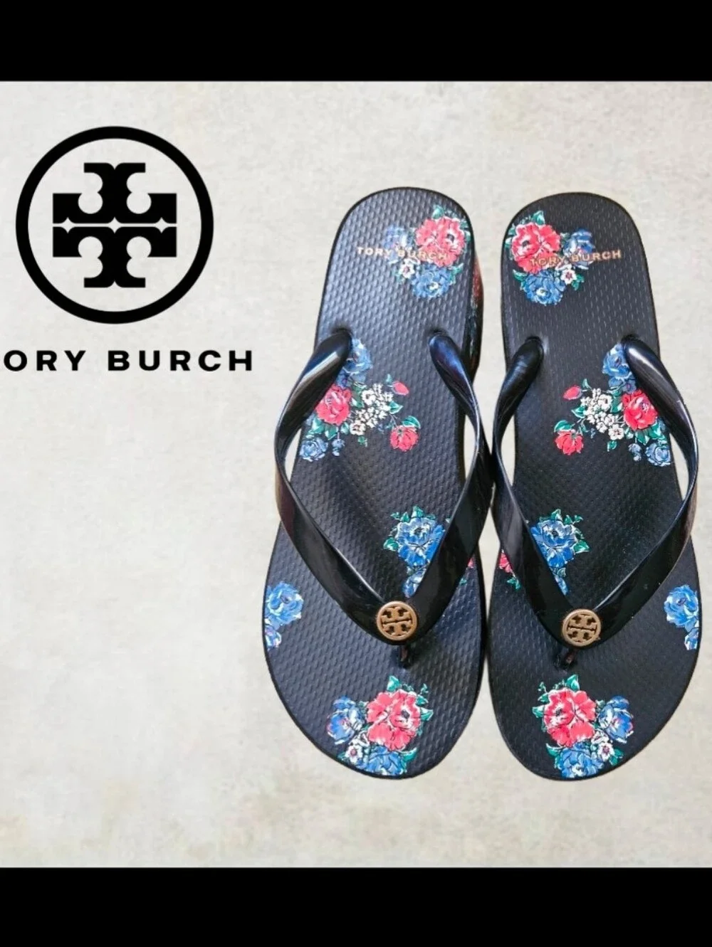Tory Burch Women’s Black Floral Leather Thong Wedge Platform Logo Size 9